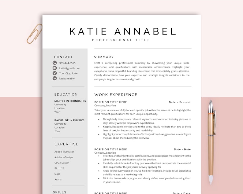May include: A black and white resume template with the name Katie Annabel at the top. The resume includes sections for contact information, summary, education, work experience, expertise, and skills.