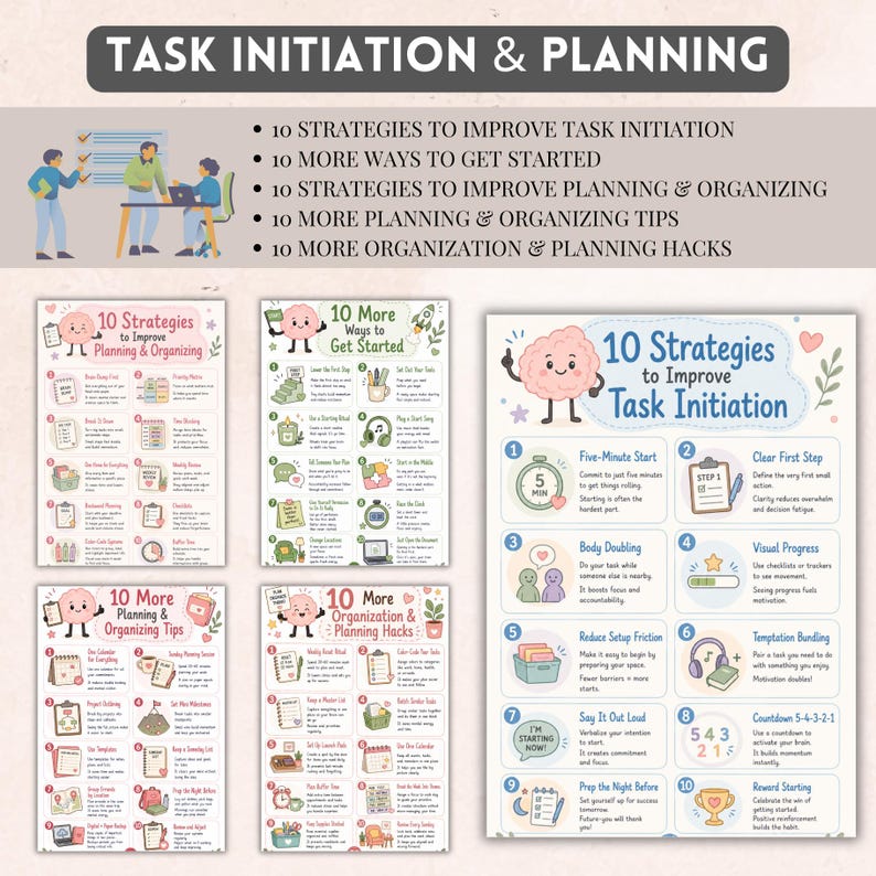 May include: A collection of five educational posters titled Task Initiation & Planning, featuring illustrated lists of strategies, tips, and hacks for productivity. Each poster includes a cartoon brain character and numbered steps with icons.