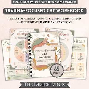 May include: A spiral-bound Trauma-Focused CBT Workbook with 65 pages, featuring a cover with abstract shapes in muted earth tones, botanical illustrations, and the text Trauma-Focused CBT Workbook, A Therapist-Guided Companion for Healing, Coping & Growth.