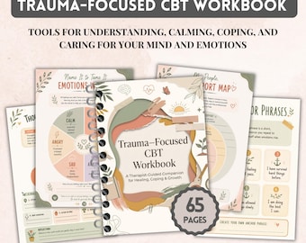May include: A spiral-bound Trauma-Focused CBT Workbook with 65 pages, featuring a cover with abstract shapes in muted earth tones, botanical illustrations, and the text Trauma-Focused CBT Workbook, A Therapist-Guided Companion for Healing, Coping & Growth.
