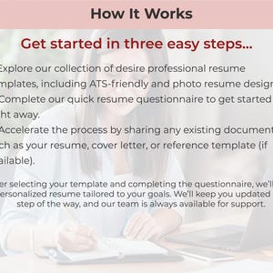 May include: A woman is working on a laptop and writing in a notebook. The text on the screen reads "How It Works" and "Get started in three easy steps..." The text describes the steps to create a professional CV.