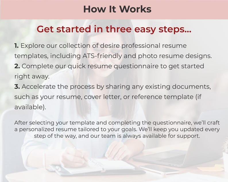 May include: A woman is working on a laptop and writing in a notebook. The text on the screen reads "How It Works" and "Get started in three easy steps..." The text describes the steps to create a professional CV.