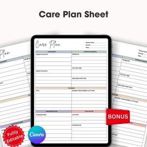 Peut inclure: Une tablette numérique affichant un modèle de "Care Plan", avec des feuilles imprimées en arrière-plan. Le modèle comprend des sections pour l'évaluation, la planification, la mise en œuvre et l'évaluation. L'image présente également un autocollant "BONUS".