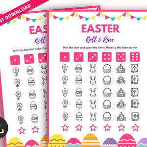 May include: Printable Easter game for kids. The game includes a dice and a game board with Easter-themed images like eggs, bunnies, baskets, churches, and crosses. Players roll the dice and color the corresponding images on the board. The first player to reach the stars wins.