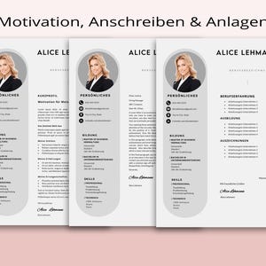 May include: A black and white CV template with the name "Alice Lehmann" at the top. The CV includes sections for personal information, education, skills, and work experience.