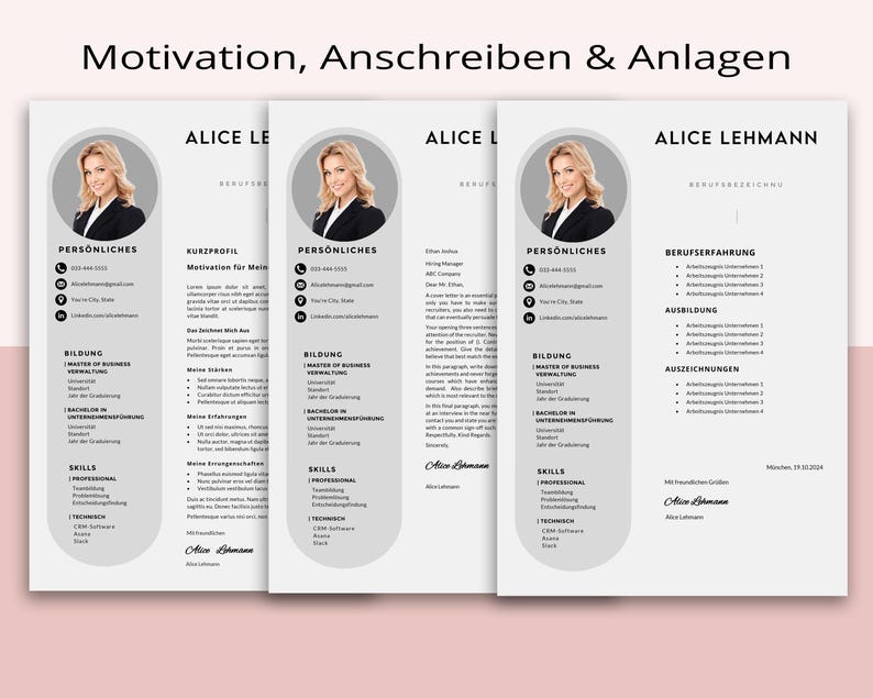May include: A black and white CV template with the name "Alice Lehmann" at the top. The CV includes sections for personal information, education, skills, and work experience.