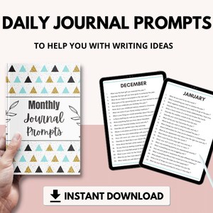 May include: A digital download of monthly journal prompts for December and January. The cover of the journal features a teal and gold geometric pattern with the text "Monthly Journal Prompts".