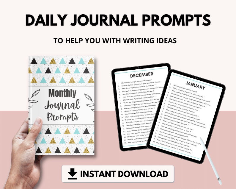 May include: A digital download of monthly journal prompts for December and January. The cover of the journal features a teal and gold geometric pattern with the text "Monthly Journal Prompts".