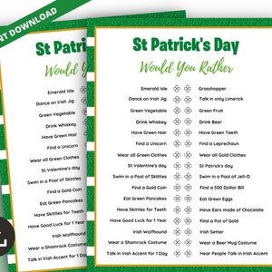 May include: A printable St. Patrick's Day "Would You Rather" game with a green shamrock design. The game features a list of silly questions with two options each, such as "Dance on Irish Jig" or "Talk in only Limerick".