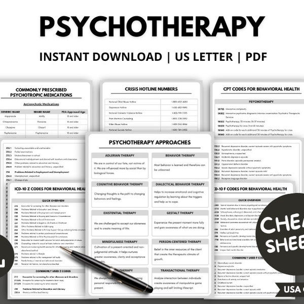 Psychotherapy Cheat Sheets, Therapist Cheat Sheets, Clinical Terms Reference, Mental Health Assessment, Desktop Documentation Reference