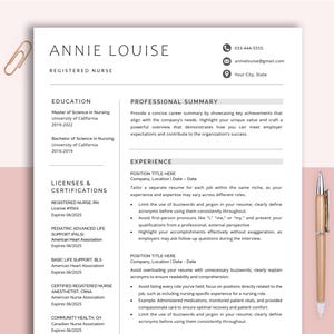 May include: A black and white resume template featuring the name Annie Louise, Registered Nurse, at the top. The resume is divided into sections for education, professional summary, licenses and certifications, and experience. The resume has a clean and modern design.