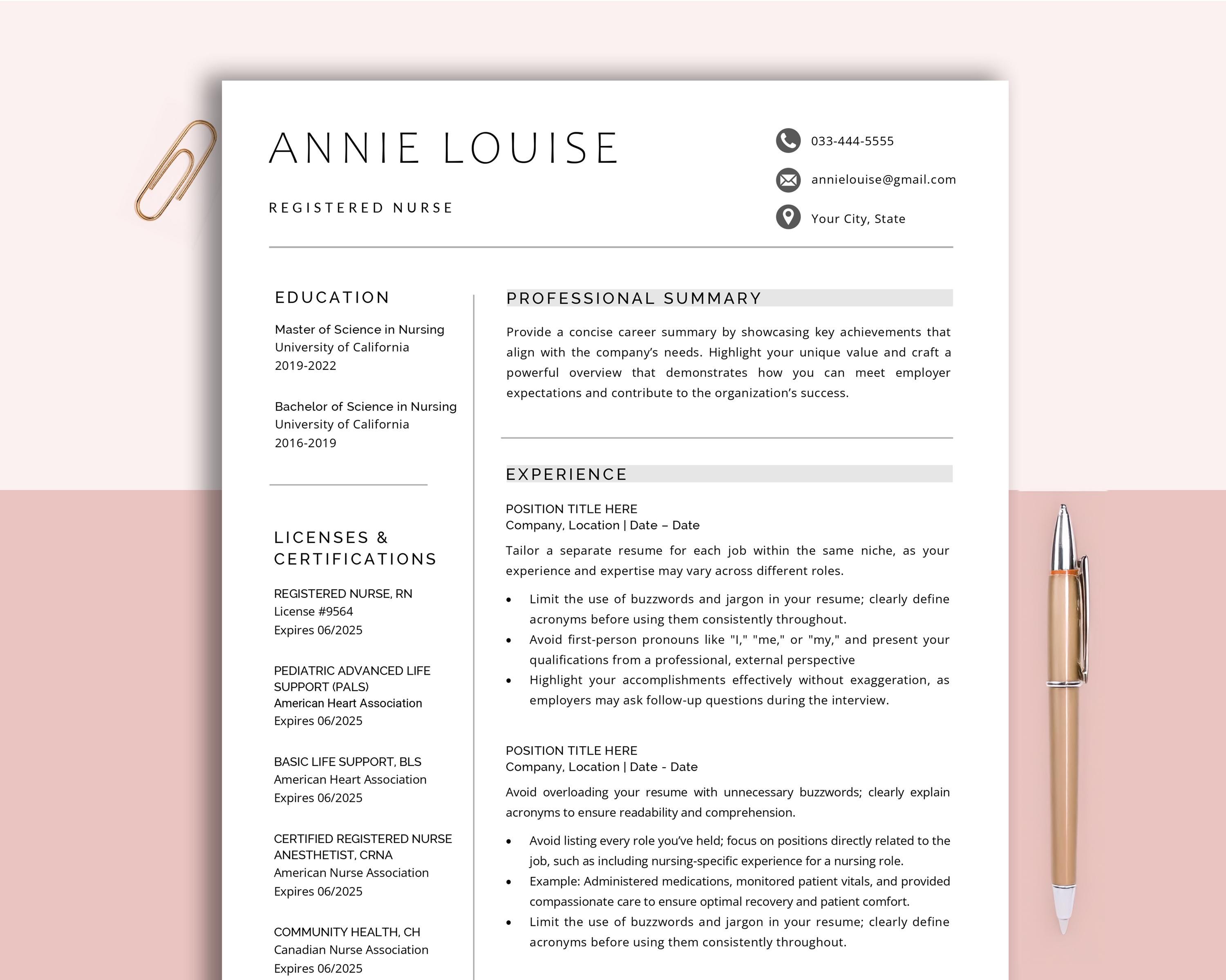 Registered Nurse Resume Template RN, CNA, 2-3 Page Resume Template Googel Doc Word & Pages, Physician Assistant Resume for Nurse,New Grad CV