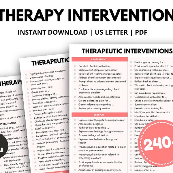 Therapeutic Interventions, Therapy Intervention List, Therapist Cheat Sheets, Documentation Terms Reference Sheet, Clinical Therapy Notes