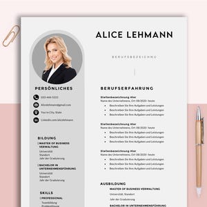 May include: A resume template featuring a photograph of a woman in a suit. The template includes sections for personal information, work experience, education, and skills. The text on the resume is in German.