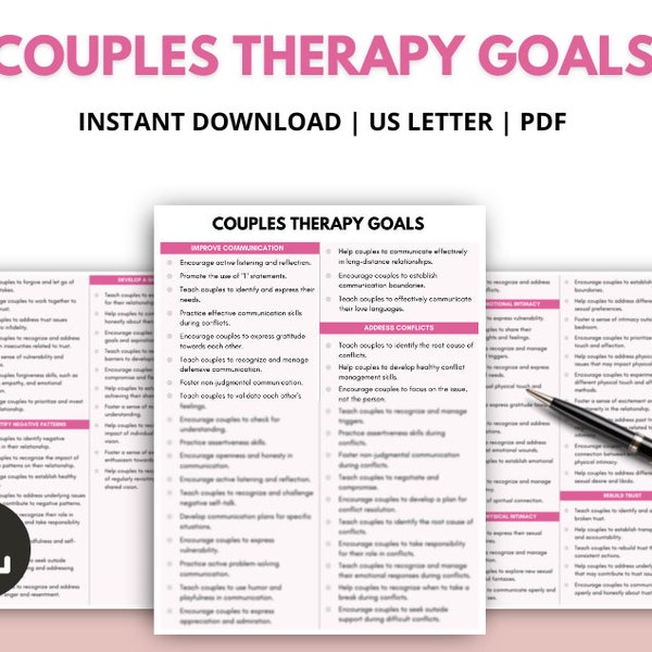 Couples Therapy Goals, Marriage Counselling, Relationship Therapy Goals & Objectives, Couples Therapy Session Notes, Therapist Cheat Sheets