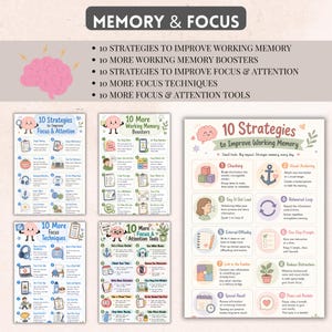 May include: A collection of educational posters titled Memory & Focus, featuring five distinct charts with pastel illustrations and text detailing strategies to improve working memory, focus, and attention through numbered lists and icons.