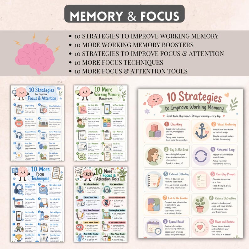 May include: A collection of educational posters titled Memory & Focus, featuring five distinct charts with pastel illustrations and text detailing strategies to improve working memory, focus, and attention through numbered lists and icons.