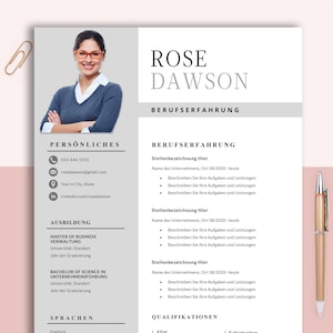 May include: A resume template featuring a professional headshot of a woman. The resume is divided into sections for personal information, education, work experience, skills, and languages. The template has a modern and minimalist design with a grey and white colour scheme.