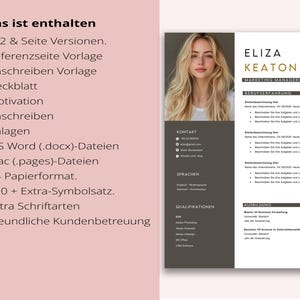 May include: A resume template with a photo of a woman with blonde hair. The resume includes sections for contact information, work experience, education, and skills. The left side of the resume has a pink background with a list of included items.
