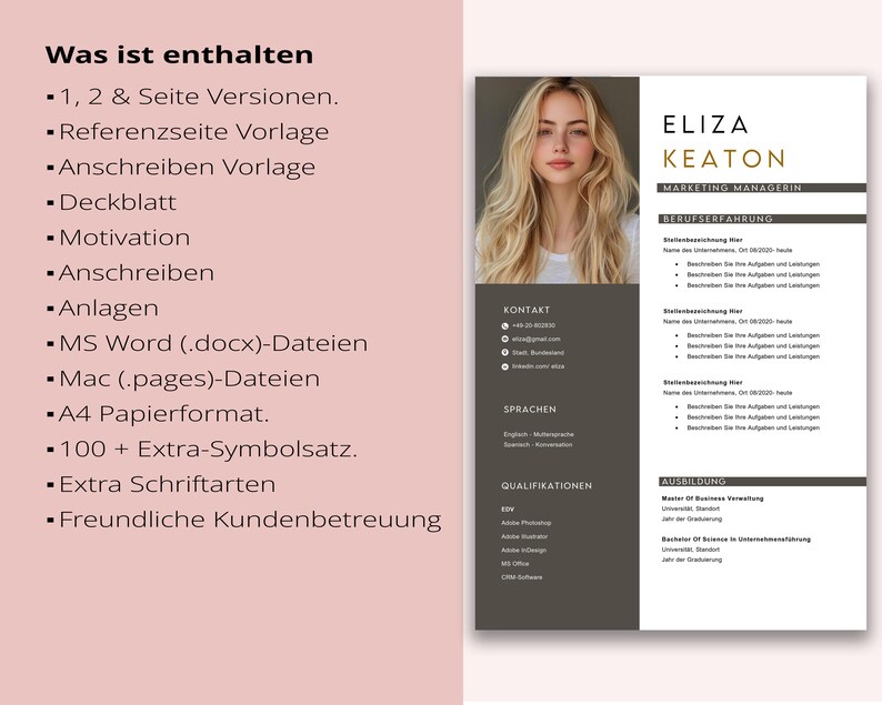 May include: A resume template with a photo of a woman with blonde hair. The resume includes sections for contact information, work experience, education, and skills. The left side of the resume has a pink background with a list of included items.