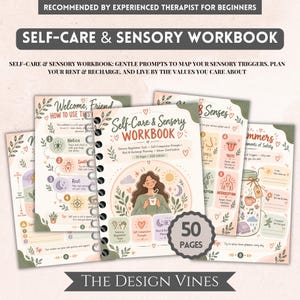 Peut inclure: Un cahier d'exercices de 50 pages sur les soins personnels et le sensoriel, relié par une spirale. La couverture illustre une personne tenant une tasse, entourée d'icônes sur la régulation sensorielle, l'autocompassion et le repos. Les pages intérieures présentent des guides pour identifier les déclencheurs.