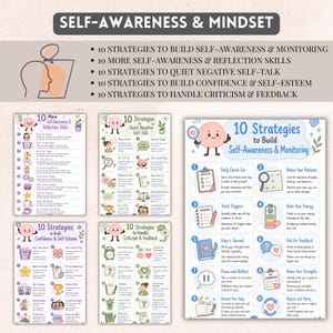 May include: A set of five educational posters titled Self-Awareness & Mindset, featuring illustrated guides on building self-awareness, reflection skills, managing negative self-talk, boosting confidence, and handling criticism with numbered steps.