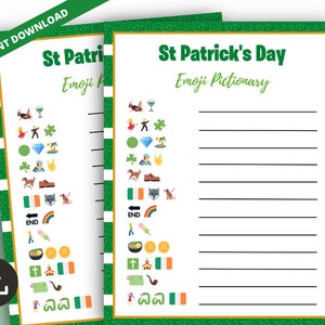 May include: Printable St. Patrick's Day Emoji Pictionary game with two pages. The first page has a list of emojis and the second page has blank lines for players to write down their guesses.