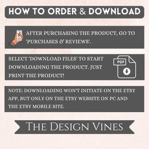 May include: An instructional graphic with dark gray horizontal bars containing white text. It outlines the process to order and download digital files, including steps to access purchases, select download files, and print, noting the Etsy website requirement.