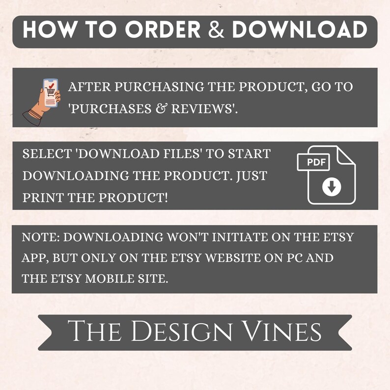 May include: An instructional graphic with dark gray horizontal bars containing white text. It outlines the process to order and download digital files, including steps to access purchases, select download files, and print, noting the Etsy website requirement.