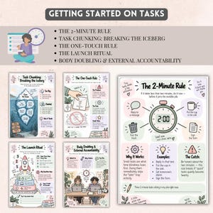 May include: A set of five educational posters titled Getting Started on Tasks, featuring pastel-colored illustrations and text explaining productivity methods like The 2-Minute Rule, Task Chunking, The One-Touch Rule, The Launch Ritual, and Body Doubling.