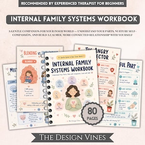 以下が含まれることがあります： 80ページのInternal Family Systemsワークブック。スパイラル綴じの表紙には、中央にハートを抱えた人物のイラストが描かれ、その周囲に様々なパーツを表すラベル付きの円が配置されています。さらに、ワークブックの追加ページも含まれています。