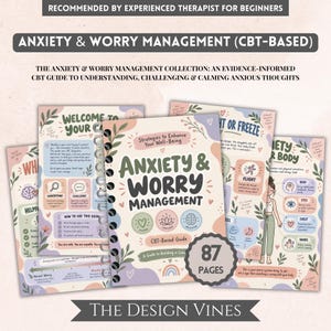 May include: A spiral-bound workbook titled Anxiety & Worry Management with a soft pastel color palette. The cover features illustrations of a heart, lotus, and brain, with text indicating 87 pages and a CBT-based guide for well-being.