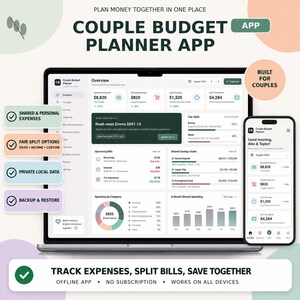 May include: A digital interface for the Couple Budget Planner app displayed on a laptop and smartphone. The screen shows financial dashboards with household income, shared expenses, joint savings, and bill tracking features for couples.