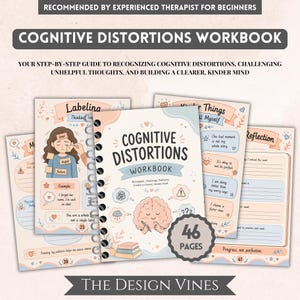 May include: A spiral-bound Cognitive Distortions Workbook with 46 pages. The cover features a cartoon brain holding a pencil, surrounded by text and illustrations. Additional pages show sections titled Labeling, Kinder Things, and Reflection with prompts.