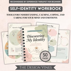 May include: A spiral-bound self-identity workbook titled Discovering My Identity with a cream cover, floral illustrations, and soft pastel shapes. The workbook includes 50 pages of guided exercises for self-worth and self-discovery, featuring internal and external reflection prompts, interest maps, and various writing spaces.