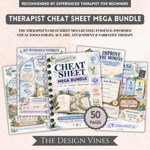 May include: A Therapist Cheat Sheet Mega Bundle featuring 50 pages of evidence-informed visual tools for IFS, ACT, DBT, attachment, and narrative therapy. The collection includes spiral-bound documents with watercolor illustrations, text, and diagrams.