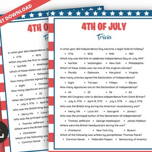 May include: A printable 4th of July trivia game with questions about American history. The questions are in a red, white, and blue color scheme with stars.