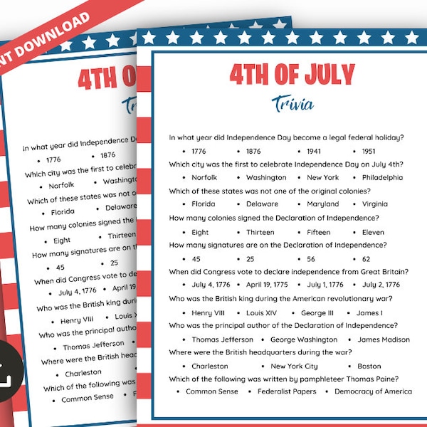 Fourth of July Trivia Game, 4th of July Quiz Game, Independence Day Party Game, Printable Patriotic Quiz Activity, Virtual Patriotic Game