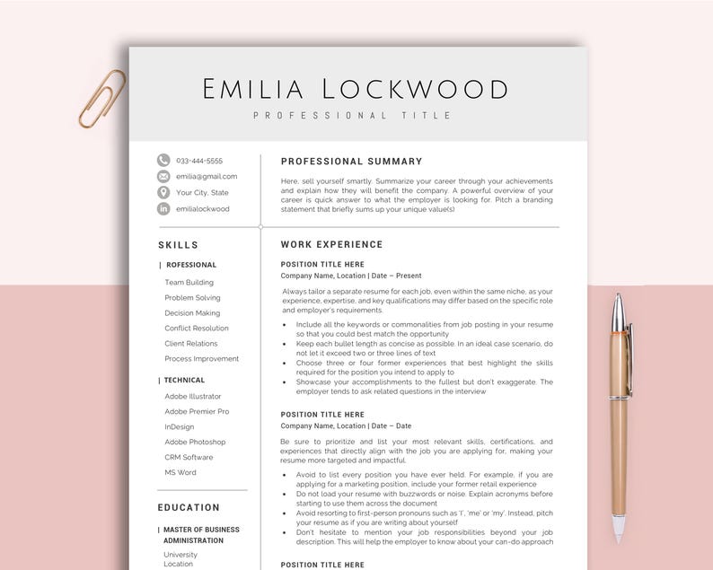 Professional Resume Template for Word & Pages, Modern CV - Etsy Australia