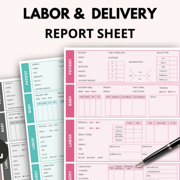 Labor and Delivery Nurse Report Template, Labor and Delivery Report Sheet, Postpartum Nursing Report Sheet, Mother and Baby Report Template