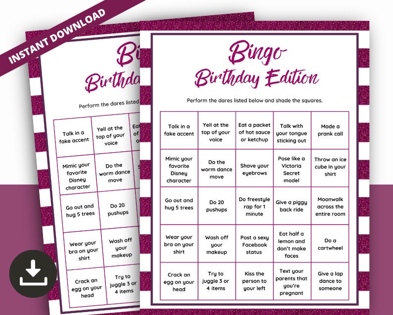 Adult Bingo Birthday Game, Adult Birthday Party Game, Kinky Dares Game