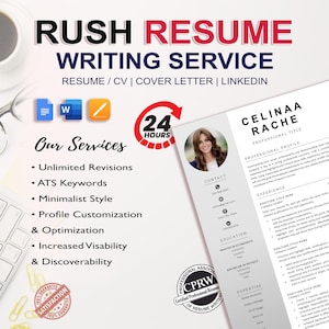 May include: A professional resume writing service advertisement. The image features a resume sample, a coffee cup, glasses, and a keyboard. Text includes "RUSH RESUME WRITING SERVICE" and "Our Services: Unlimited Revisions, ATS Keywords, Minimalist Style."