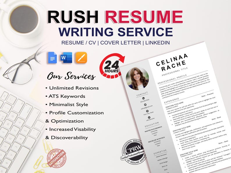 May include: A professional resume writing service advertisement. The image features a resume sample, a coffee cup, glasses, and a keyboard. Text includes "RUSH RESUME WRITING SERVICE" and "Our Services: Unlimited Revisions, ATS Keywords, Minimalist Style."