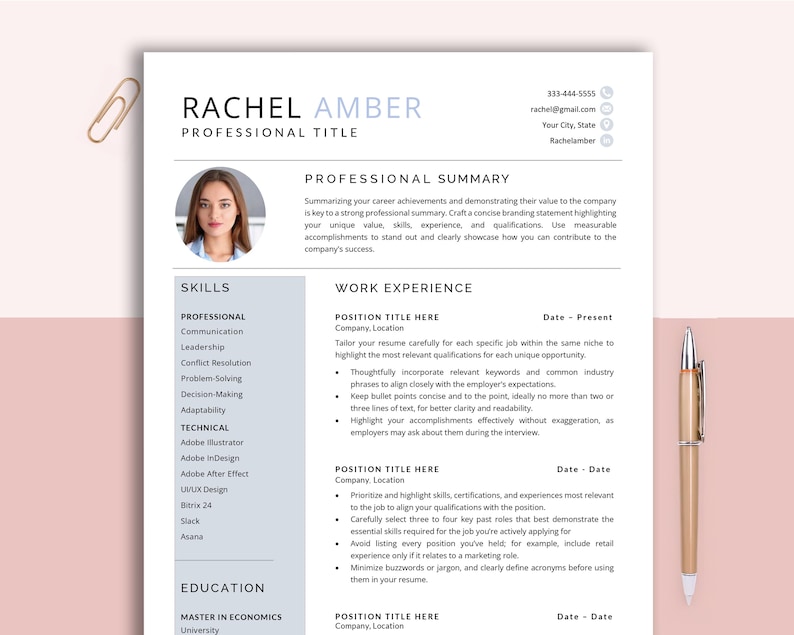 May include: A resume template with a light blue and white colour scheme. The template includes sections for skills, work experience, education, and a professional summary. The resume is designed to be visually appealing and easy to read.