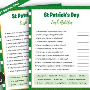 May include: A printable St. Patrick's Day Irish riddles game with a green and white striped background. The game includes 12 riddles with answer choices listed below.