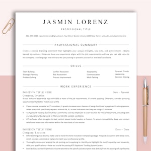 以下が含まれることがあります： 上部に「JASMIN LORENZ」という名前が書かれた白い履歴書のテンプレート。履歴書には、職務要約、スキル、職務経験のセクションが含まれています。金色のペーパークリップとペンが紙の上にあります。
