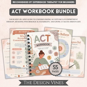 Puede incluir: Un paquete de libro de ejercicios ACT con una portada de espiral que muestra una ilustración de una persona escribiendo en un cuaderno. Las páginas incluyen texto como ACT WORKBOOK, 55 PAGES y THE DESIGN VINES, junto con diagramas y esferas.