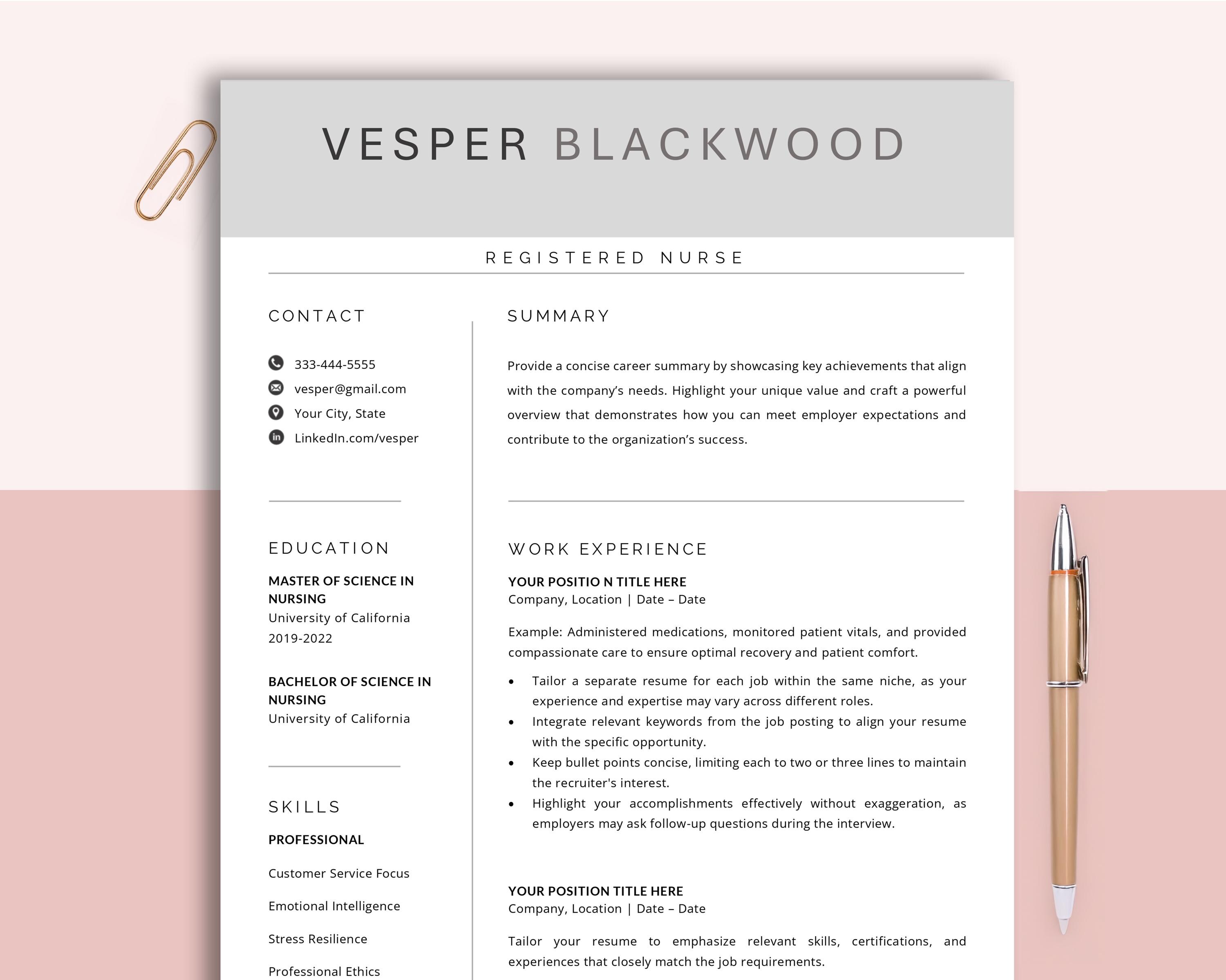 Nursing Resume Template for Word & Pages, Registered Nurse Resume ...