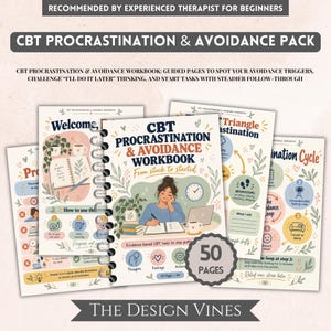 May include: A CBT Procrastination & Avoidance Pack featuring a spiral-bound workbook with 50 pages. The cover displays a person writing in a notebook, a clock, and a laptop. Text includes CBT Procrastination & Avoidance Workbook, From stuck to started, and Evidence-based CBT tools to stop putting things off.
