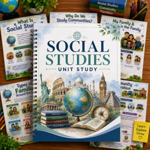 Könnte beinhalten: Ein spiralgebundenes Arbeitsheft mit dem Titel Social Studies Unit Study, dessen Einband einen Globus, ein aufgeschlagenes Buch, einen Kompass und Weltwahrzeichen wie die Freiheitsstatue, das Kolosseum, das Taj Mahal und Big Ben zeigt.